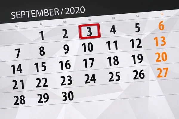 Calendário Planejador Para Mês Setembro 2020 Data Limite Quinta Feira — Fotografia de Stock