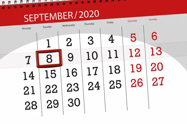 Kalendář Plánovač Měsíc Září 2020 Termín Den Úterý — Stock fotografie