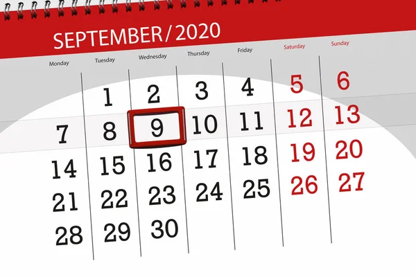 Kalendář Plánovač Měsíc Září 2020 Termín Den Středa — Stock fotografie