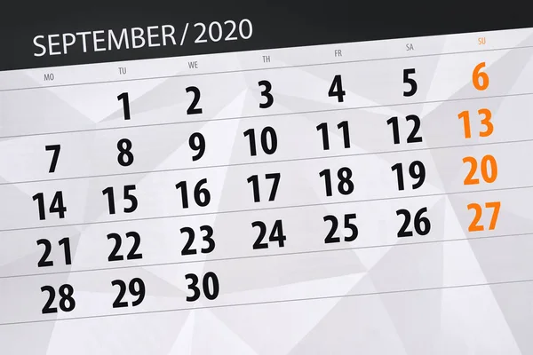 Kalendář Plánovač Měsíc Září 2020 Termín Den — Stock fotografie