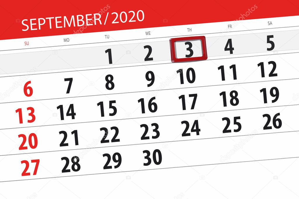 Calendar planner for the month september 2020, deadline day, 3, thursday.