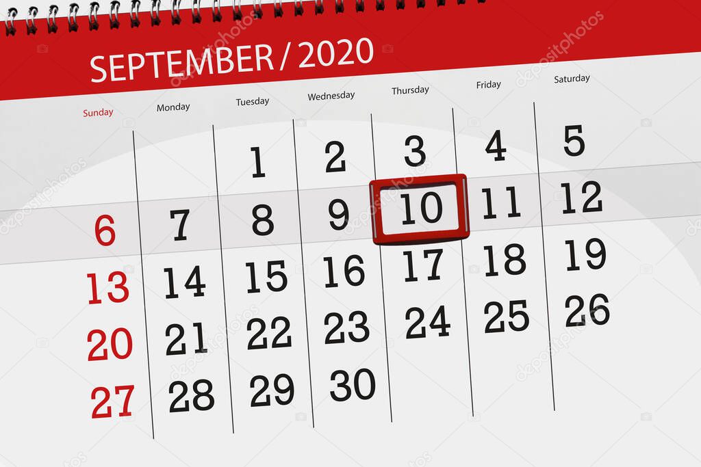 Calendar planner for the month september 2020, deadline day, 10, thursday.