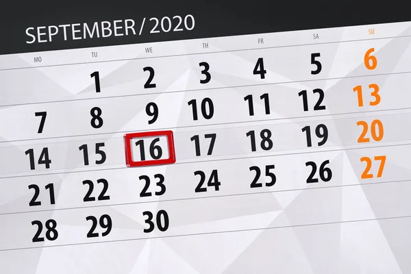 Planificator Calendar Pentru Luna Septembrie 2020 Data Limită Miercuri — Fotografie, imagine de stoc