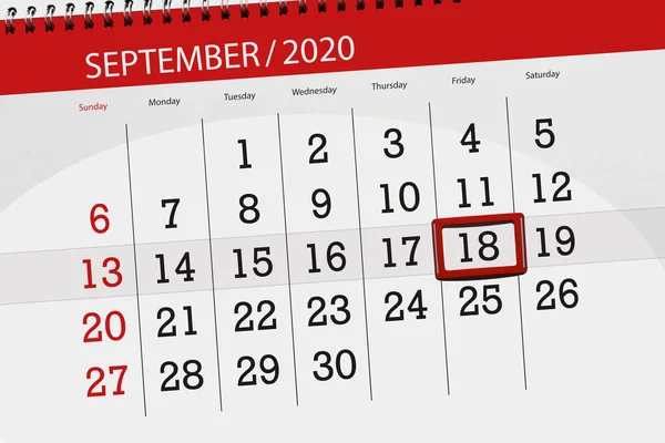 Calendar Planner Month September 2020 Deadline Day Friday — Stock Photo, Image