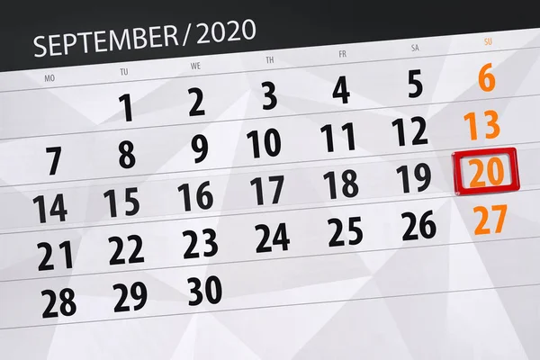 Calendário Planejador Para Mês Setembro 2020 Data Limite Domingo — Fotografia de Stock