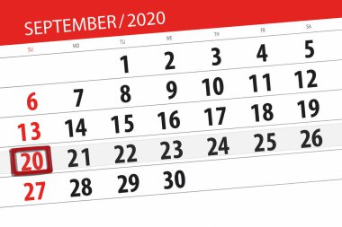 Ayın takvim planlayıcısı Eylül 2020, son gün, 20, Pazar.