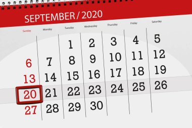 Ayın takvim planlayıcısı Eylül 2020, son gün, 20, Pazar.