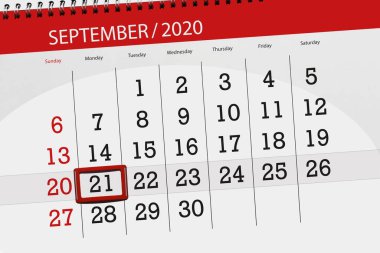 Ayın takvim planlayıcısı Eylül 2020, son gün, 21 Eylül, Pazartesi.