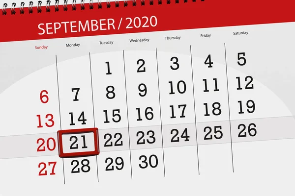 Ayın takvim planlayıcısı Eylül 2020, son gün, 21 Eylül, Pazartesi.