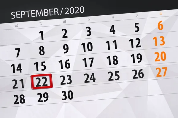 Planificator Calendar Pentru Luna Septembrie 2020 Data Limită Marți — Fotografie, imagine de stoc