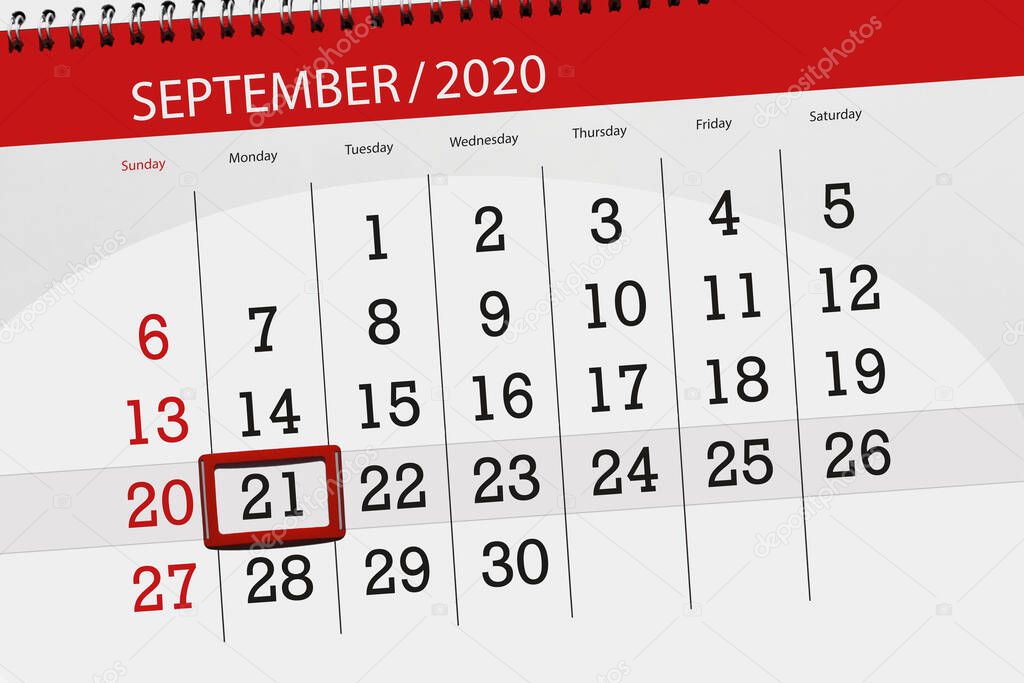 Calendar planner for the month september 2020, deadline day, 21, monday.