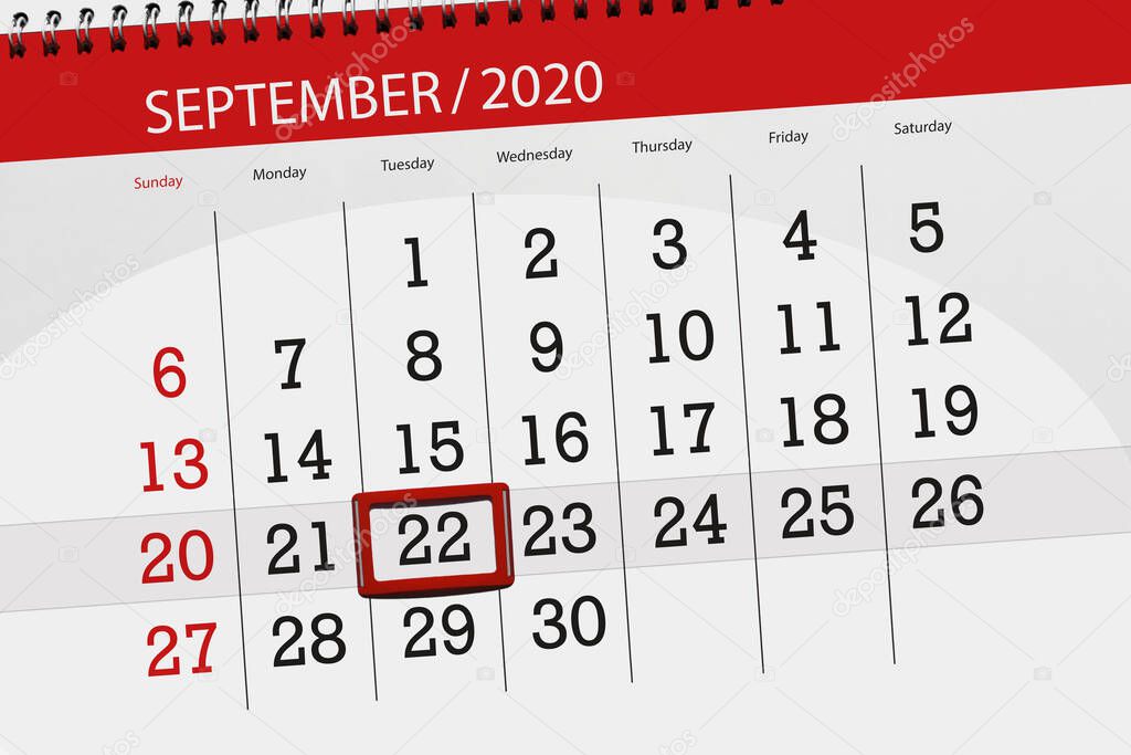 Calendar planner for the month september 2020, deadline day, 22, tuesday.