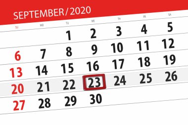 Ayın takvim planlayıcısı Eylül 2020, son gün, 23, Çarşamba..