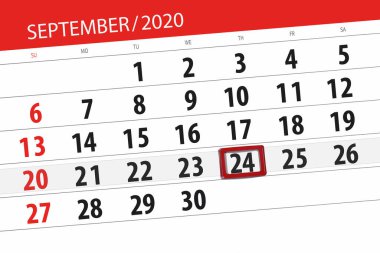 Ayın takvim planlayıcısı Eylül 2020, son gün, 24 Eylül, Perşembe..