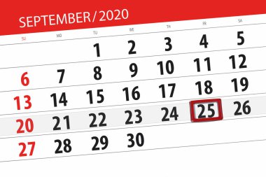 Ayın takvim planlayıcısı Eylül 2020, son gün, 25, Cuma.