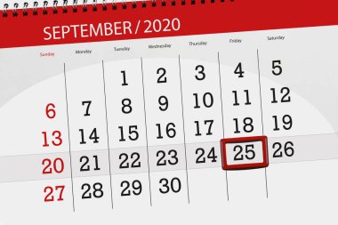 Ayın takvim planlayıcısı Eylül 2020, son gün, 25, Cuma.