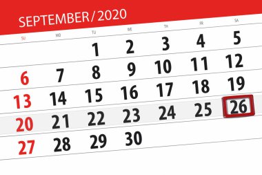 Ayın takvim planlayıcısı Eylül 2020, son gün, 26, Cumartesi..