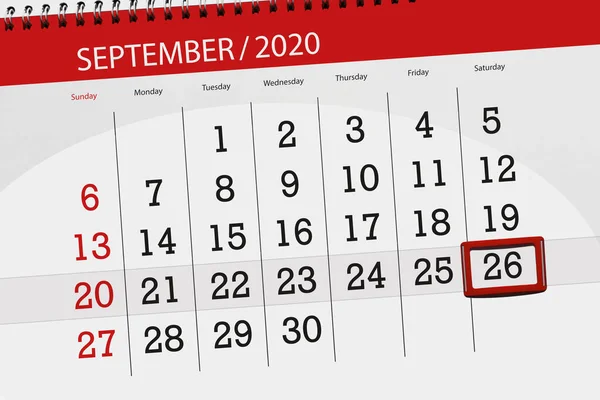 Kalendář Plánovač Měsíc Září 2020 Termín Den Sobota — Stock fotografie