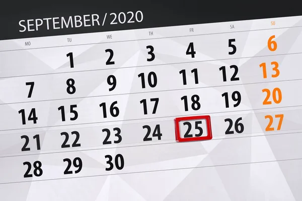 Planificator Calendar Pentru Luna Septembrie 2020 Data Limită Vineri — Fotografie, imagine de stoc