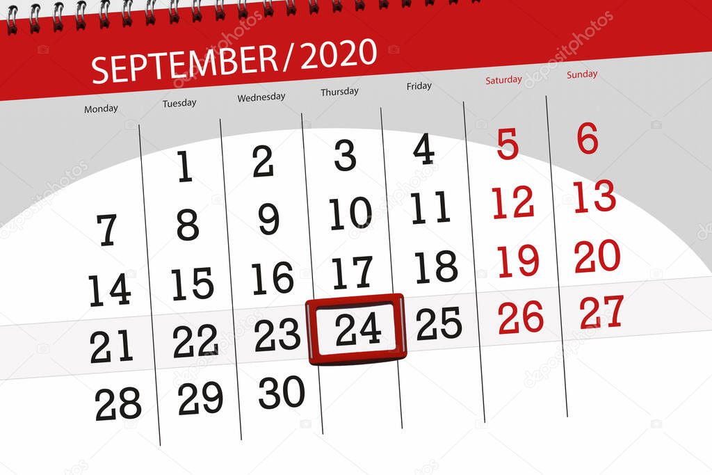 Calendar planner for the month september 2020, deadline day, 24, thursday.