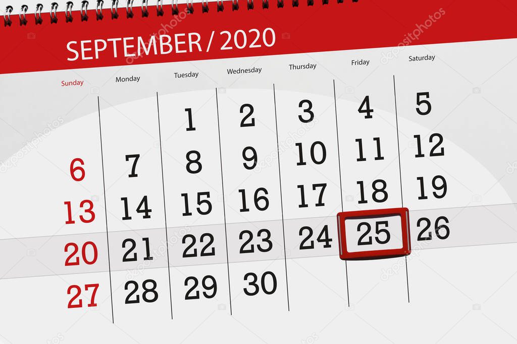 Calendar planner for the month september 2020, deadline day, 25, friday.