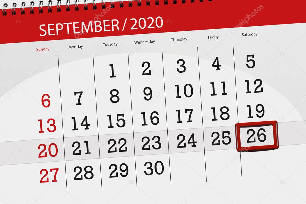 Calendar planner for the month september 2020, deadline day, 26, saturday.