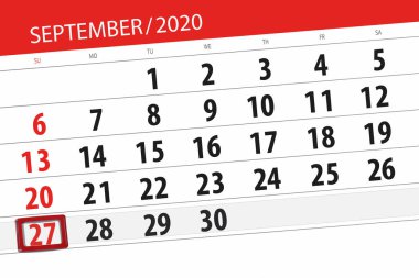 Ayın takvim planlayıcısı Eylül 2020, son gün, 27 Eylül, Pazar.