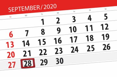 Ayın takvim planlayıcısı, Eylül 2020, son gün, 28, Pazartesi..