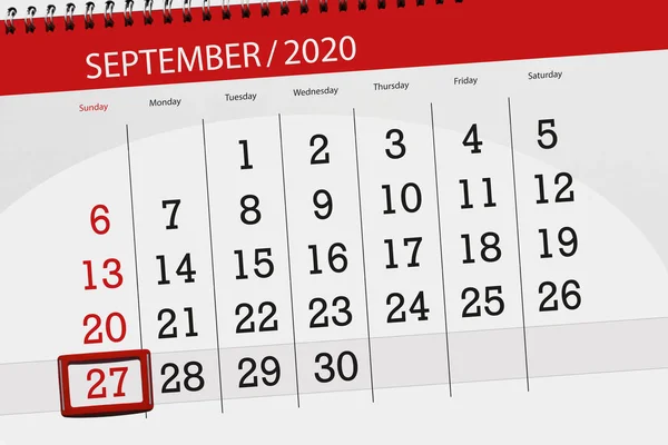 2020年9月 截止日 27日 星期日的日历计划 — 图库照片