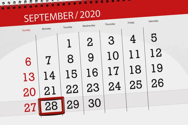 Kalendář Plánovač Měsíc Září 2020 Termín Den Pondělí — Stock fotografie