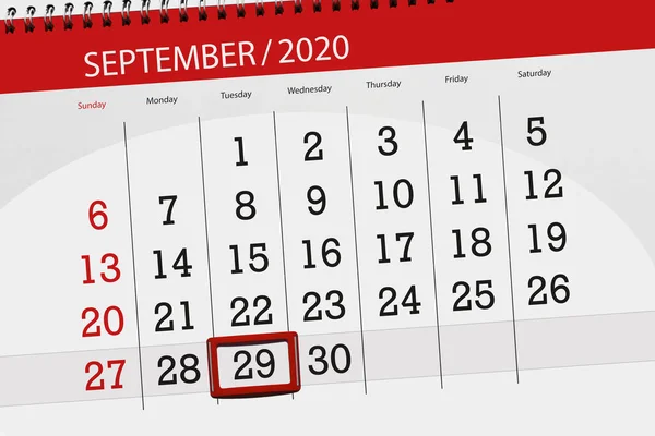 Kalendář Plánovač Měsíc Září 2020 Termín Den Úterý — Stock fotografie