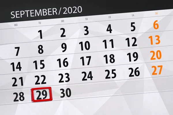 Calendário Planejador Para Mês Setembro 2020 Data Limite Terça Feira — Fotografia de Stock