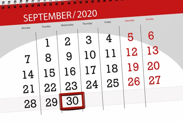 2020年9月 截止日期 30日 星期三的日历计划 — 图库照片