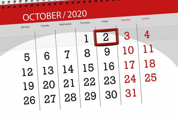 Calendar Planner Month October 2020 Deadline Day Friday — Stock Photo, Image