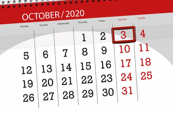 Kalendář Plánovač Měsíc Říjen 2020 Termín Den Sobota — Stock fotografie