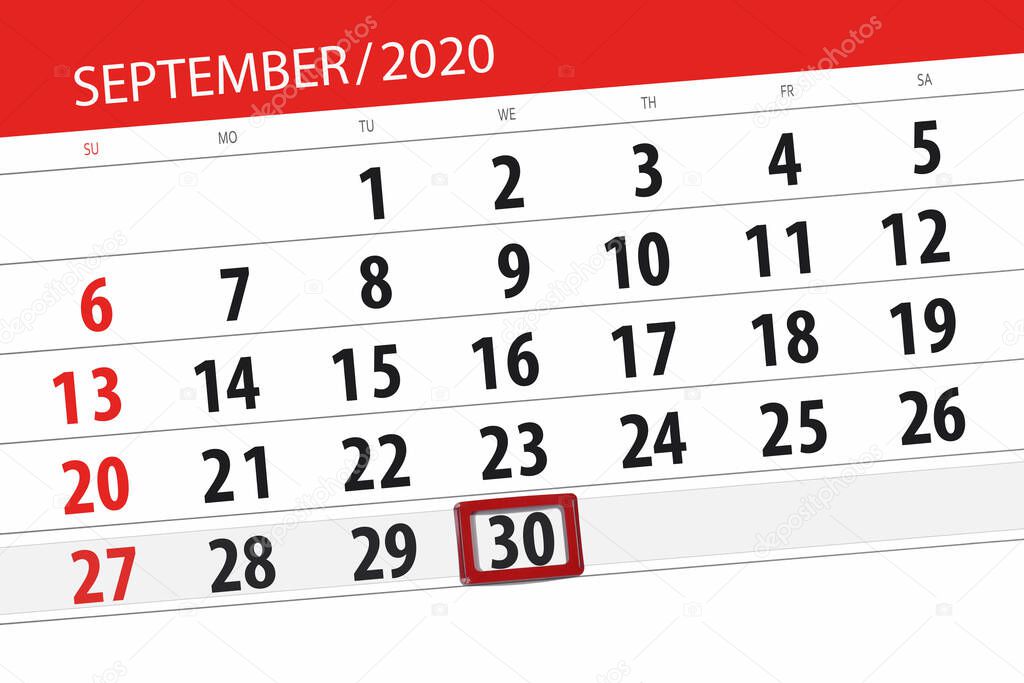 Calendar planner for the month september 2020, deadline day, 30, wednesday.
