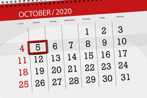 Kalendář Plánovač Měsíc Říjen 2020 Termín Den Pondělí — Stock fotografie