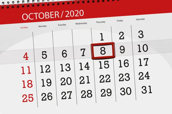 Kalendář Plánovač Měsíc Říjen 2020 Termín Den Čtvrtek — Stock fotografie