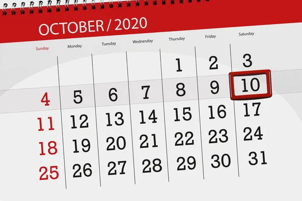 Kalender Planerare För Månaden Oktober 2020 Deadline Dag Lördag — Stockfoto
