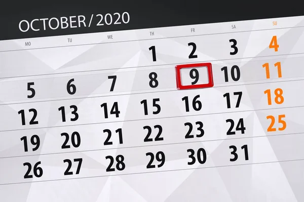 Calendar Planner Month October 2020 Deadline Day Friday — Stock Photo, Image