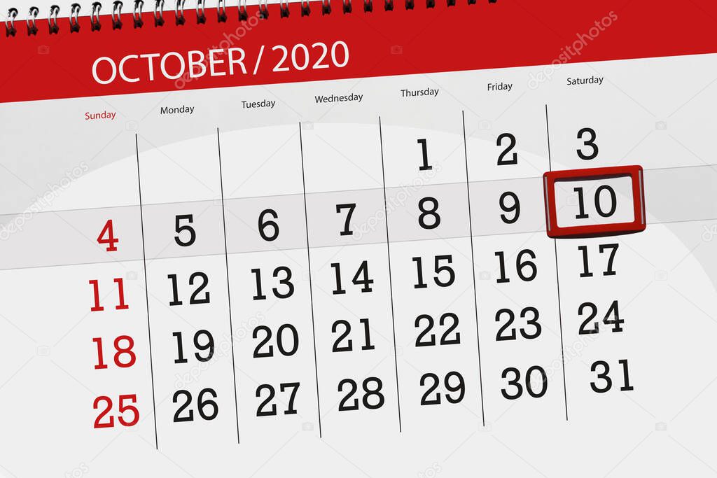 Calendar planner for the month october 2020, deadline day, 10, saturday.