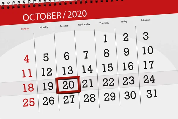 Kalendář Plánovač Měsíc Říjen 2020 Termín Den Úterý — Stock fotografie