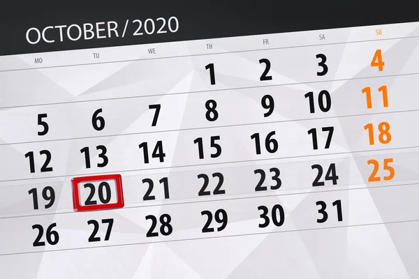 Kalenderblatt Für Den Monat Oktober 2020 Deadline Dienstag — Stockfoto