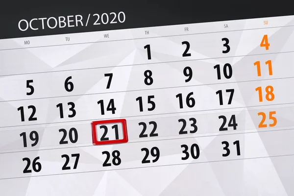 Kalendář Plánovač Měsíc Říjen 2020 Termín Den Středa — Stock fotografie