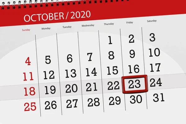 Planer Kalendarza Miesiąc Październik 2020 Dzień Ostateczny Piątek — Zdjęcie stockowe