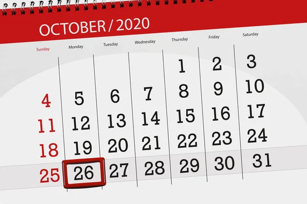 2020年10月 截止日期 26日 星期一的日历计划 — 图库照片