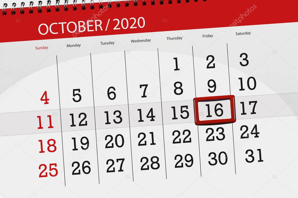 Calendar planner for the month october 2020, deadline day, 16, friday.