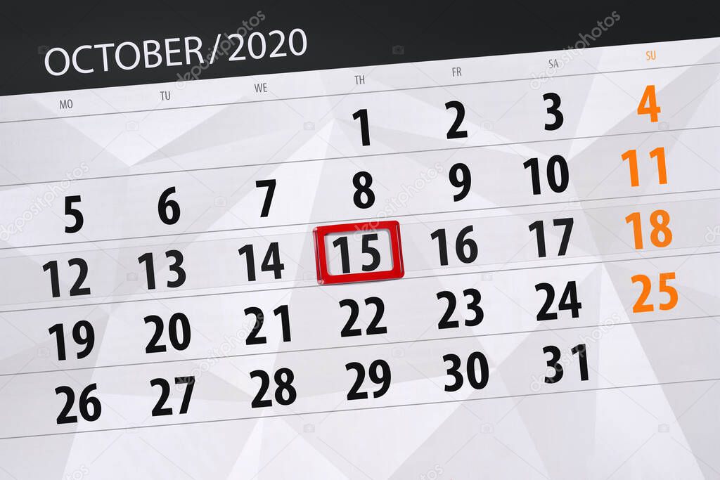 Calendar planner for the month october 2020, deadline day, 15, thursday.
