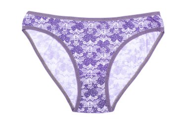 Kadın Pamuk külot üzerinde izole beyaz arka plan çiçekli. Lila iç çamaşırı.