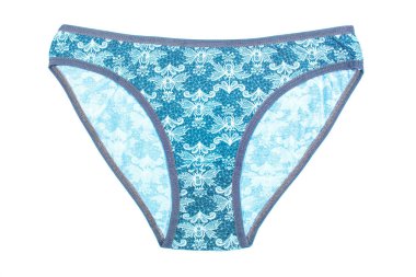 Kadın Pamuk külot üzerinde izole beyaz arka plan çiçekli. Mavi iç çamaşırı.